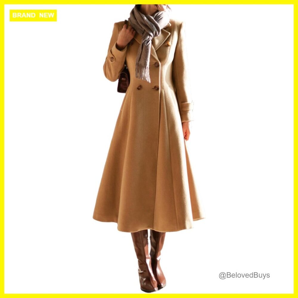 Long Wool Pea Coat Double Breasted Trench Slim Fit Winter Office Wear